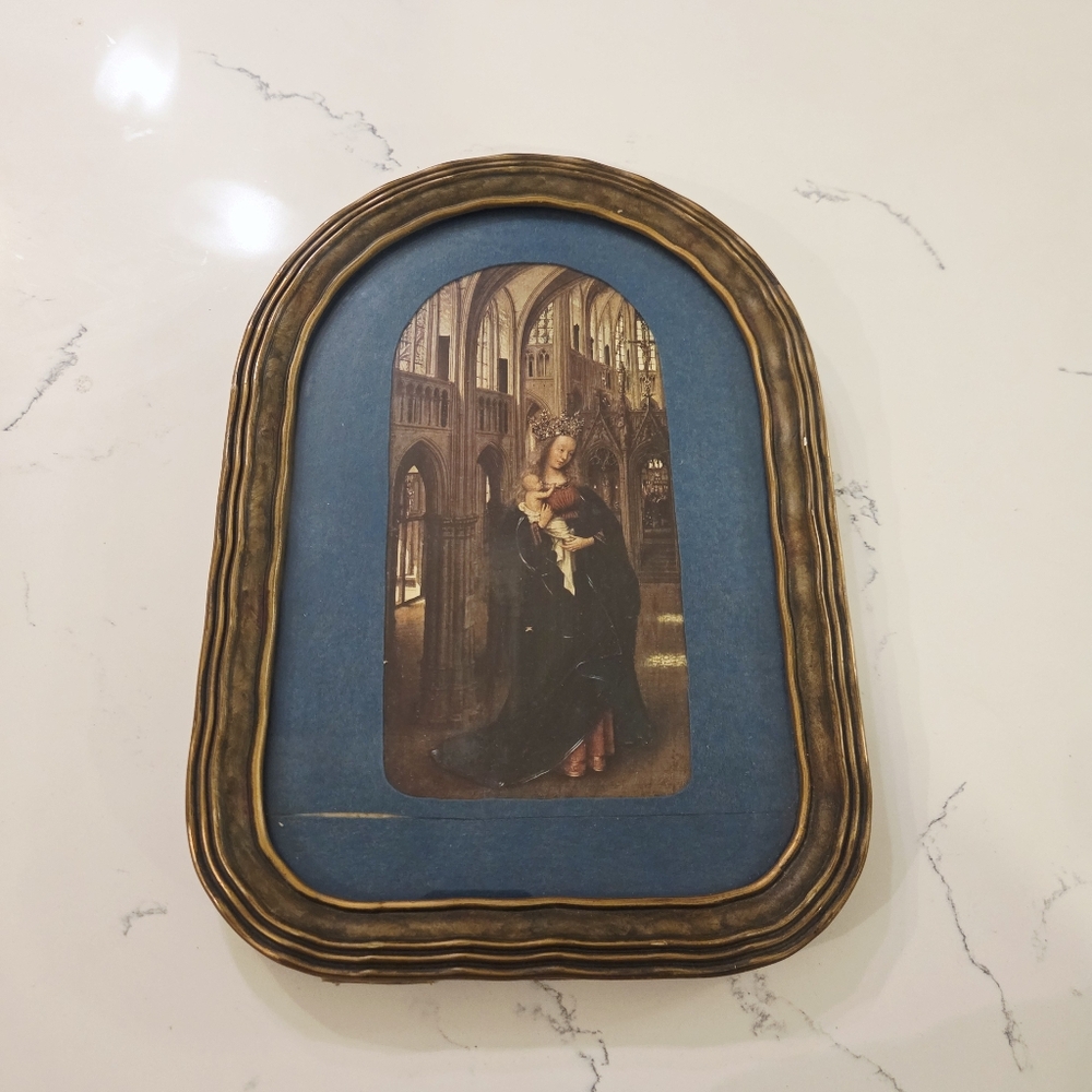 Madonna In A Church Print Jan Van Eyck Arched Gilt Wood Frame Religious Antique